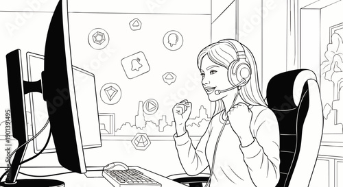 Excited young woman gamer with headset celebrating victory in front of computer screen with game icons floating around