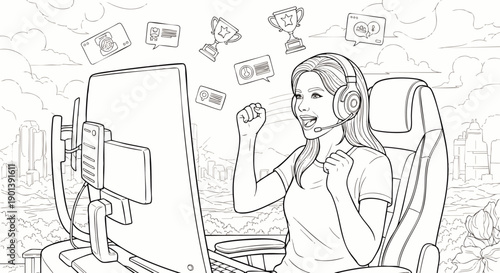 Young woman celebrating victory while playing video games on computer with headphones and headset, surrounded by trophies and game icons.