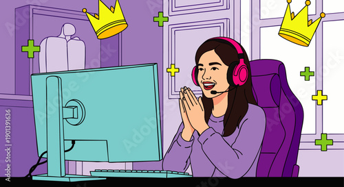 Excited young woman gamer with headset celebrating victory and achievement while playing video games on computer at home