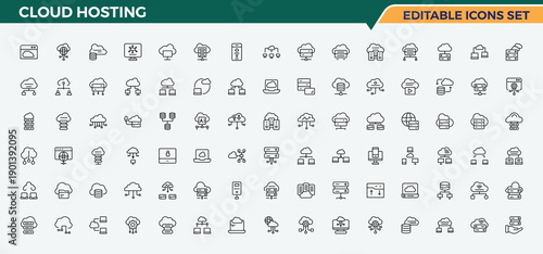 Cloud Hosting icon set. Contain linear sign storage, technology, cloud server, data, database, tech, network and more. Server icon set. Minimalist vector collections. Editable stroke.