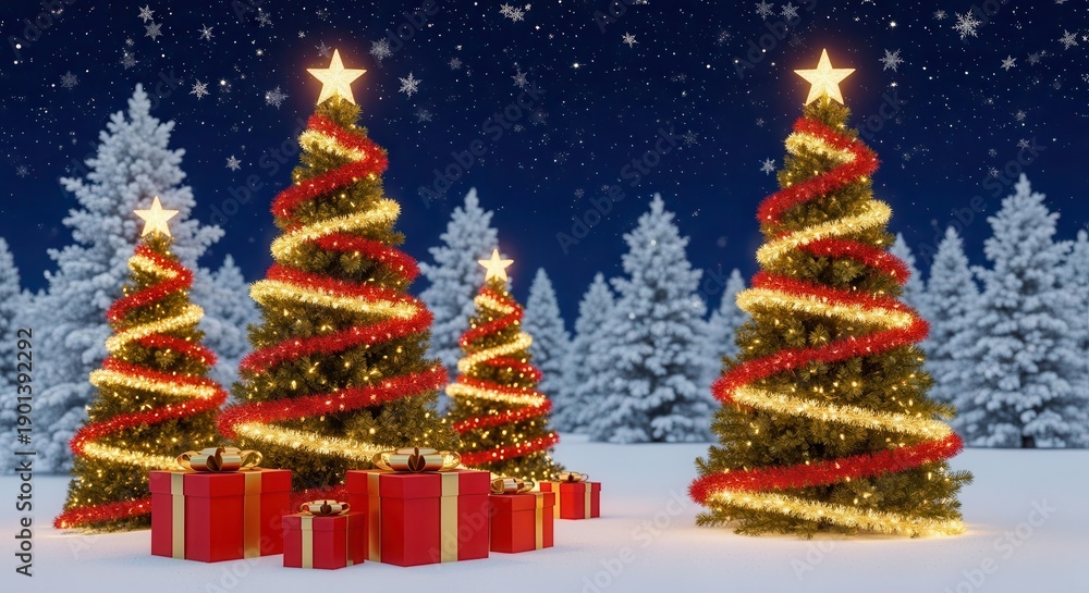 Fototapeta premium Two glowing Christmas trees with presents in winter snow under starry night sky.
