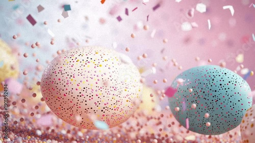 Colorful Speckled Easter Eggs Floating Amid Confetti Celebration

