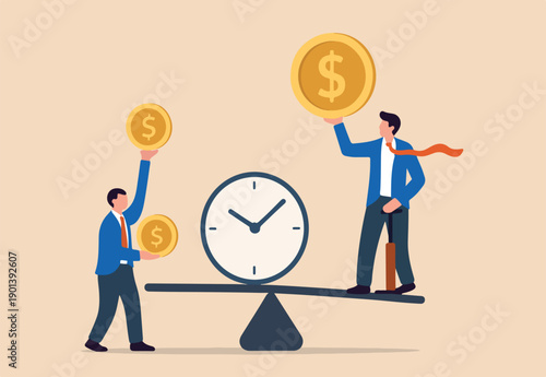 Time value of money, sum of money worth more now at, inflation or earning cost, value depend on time, businessman investor holding money big and small coin on clock seesaw