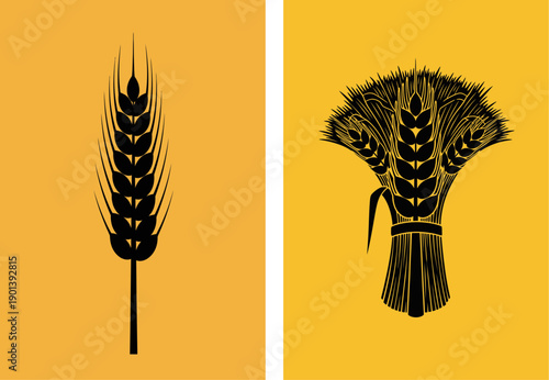 Wheat Stalk and Sheaf Silhouettes on Gold Ochre Background