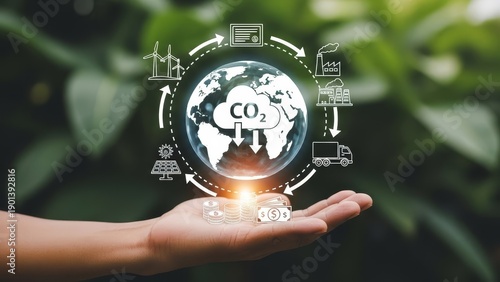 Hand gently holds a glowing globe with co2 emission icons, representing climate change and environmental responsibility.