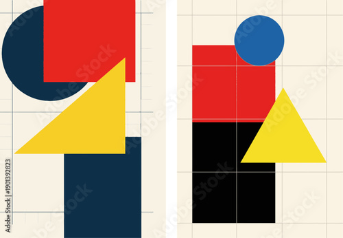 Abstract Geometric Diptych with Primary Colors and Grid Lines