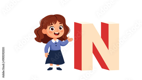 Cute young girl with brown hair wearing blue shirt and navy skirt standing next to large three dimensional letter N.