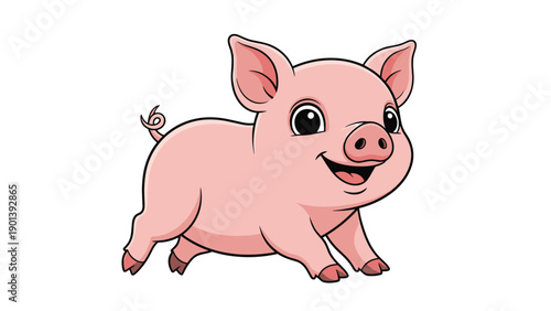 Happy little pink piglet running joyfully on white background with a smiling expression and curly tail behind him.