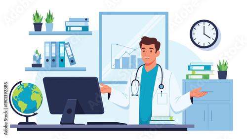 Professional male doctor in white lab coat standing in office with medical equipment computer and charts on wall.