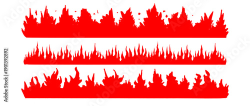 Set of three red fire flame horizontal borders. Hand drawn burning elements for spicy food packaging, restaurant menu design, and hot sauce branding.