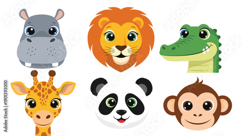 Large collection of cute animal heads including hippo lion crocodile giraffe panda and monkey on white background.