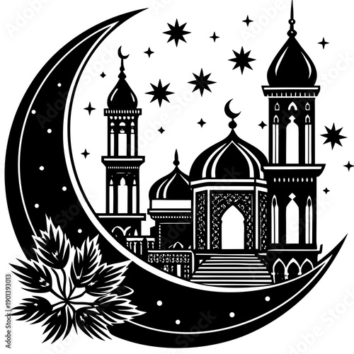 Elegant mosque and crescent moon design with stars and lanterns for Ramadan