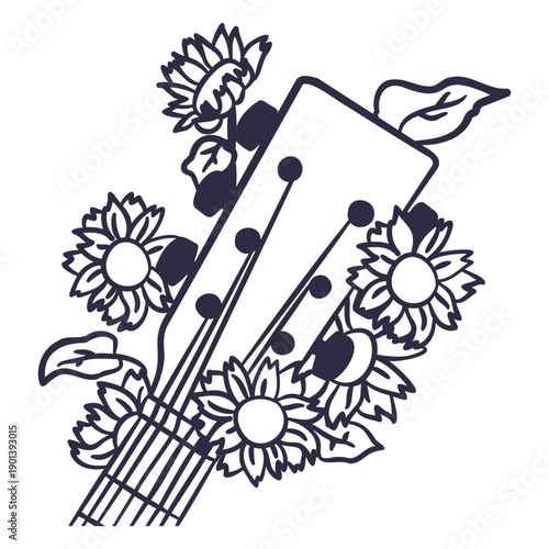 Acoustic guitar head with flowers stroke