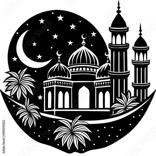 Elegant mosque under starry night sky with crescent moon
