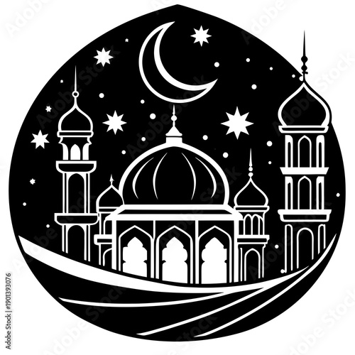 Elegant mosque silhouette under starry night sky with crescent moon