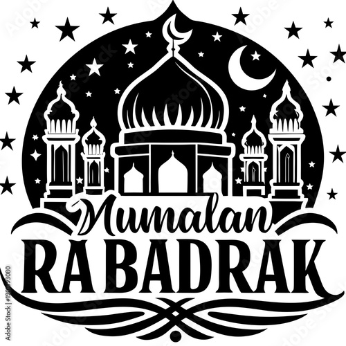Ramadan Mubarak celebration with mosque and crescent moon