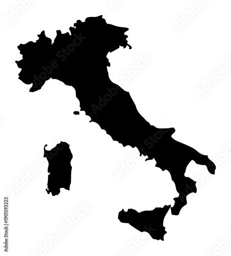 Black silhouette map of Italy including islands Sardinia and Sicily isolated on white background simple vector graphic for travel and geography concepts