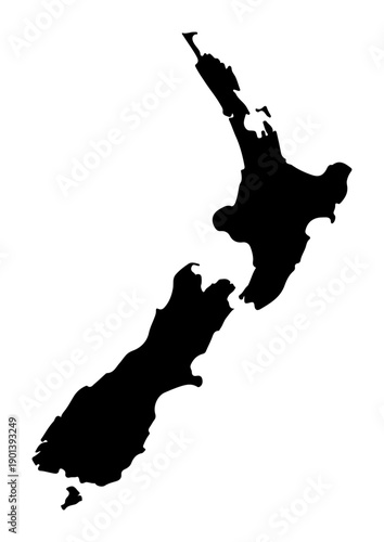 Black silhouette map of New Zealand simple vector outline for travel and geography concepts isolated on white background