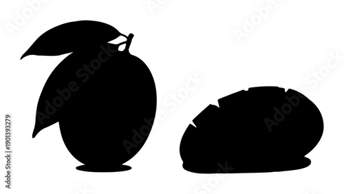 Silhouette of a whole mango with leaves and a sliced mango simple black vector illustration for design isolated on white background