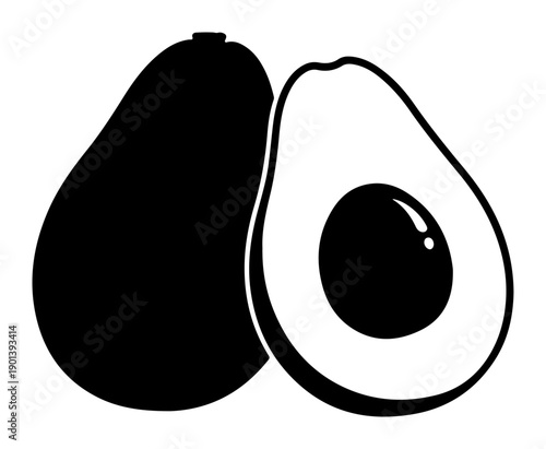 Whole and halved avocado icon simple black and white vector illustration for healthy food concepts isolated on white background