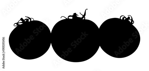 Three black tomato silhouettes with stems isolated on a white background representing fresh produce and healthy eating