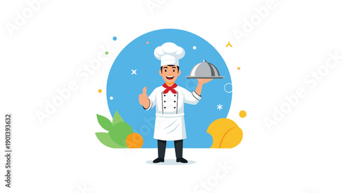 Professional male chef in white uniform and hat holding a silver serving platter with a thumbs up on blue background.
