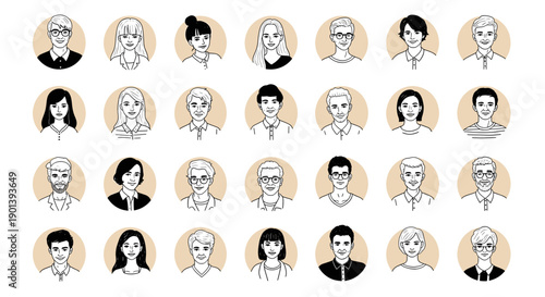 Collection of multiple black and white face illustrations arranged in rows on a white background.