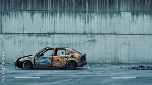Burnt Out Vehicle Against Gritty Concrete Wall Background
