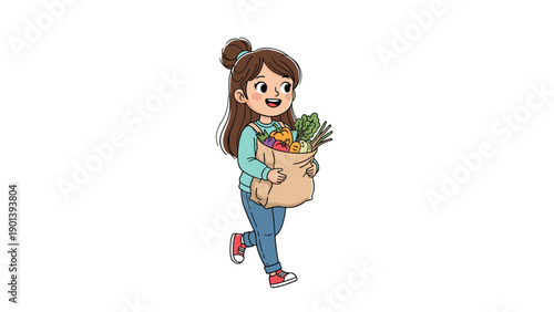 Young girl with brown hair walking happily while carrying a paper bag full of fresh vegetables on white background.