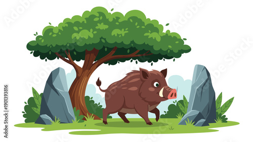 Brown wild boar walking through a forest landscape with grey rocks green trees and bushes in the background.