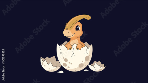 Cute baby parasaurolophus dinosaur with a long crest hatching from a spotted egg on a dark blue background.