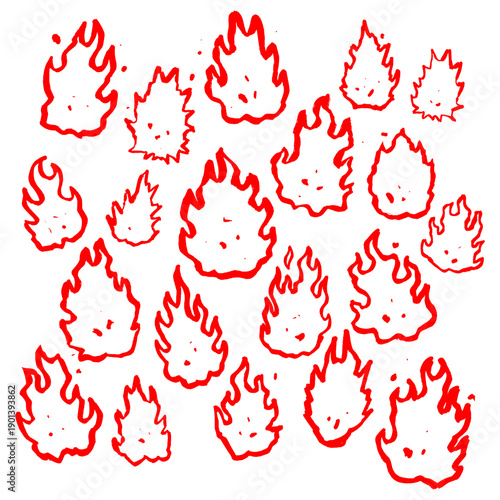 Red fire flame doodle pattern set. Hand drawn burning elements and small fire sparks for spicy food branding, hot sauce labels, and creative graphic design.