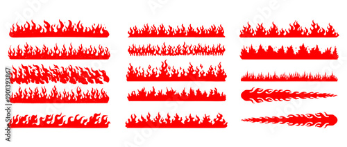 Set of 15 red fire flame illustrations. Hand drawn burning elements and borders for spicy food packaging, restaurant menu design, and hot sauce branding.