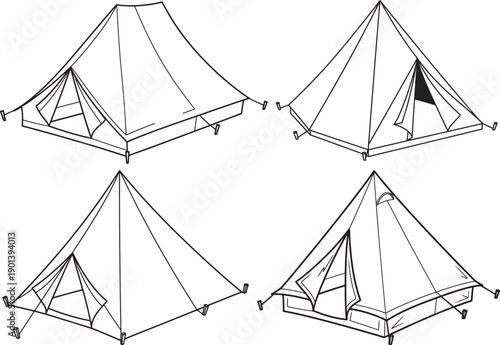 Collection of four bell tents in a simple line drawing style, showcasing various perspectives. These canvas tents are perfect for camping, glamping, and outdoor adventures.