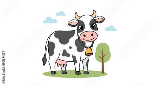 Spotted black and white cow standing in a green field with a yellow bell around its neck and a small green tree.