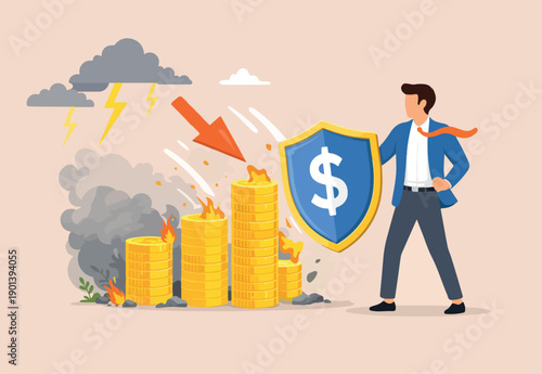 Wealth protection, investment asset allocation portfolio in volatility market or saving guard in financial and economic crisis, businessman expert with strong shield protect money coins stack