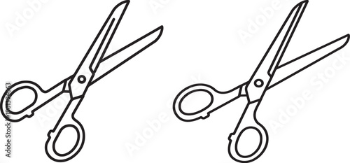 Two pairs of scissors depicted in a simple outline drawing, front view. These versatile tools are perfect for crafting, tailoring, office supplies, or DIY projects.