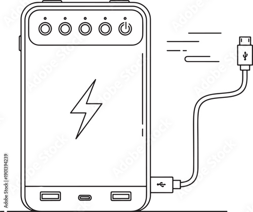 Modern line art illustration of a power bank charging a USB device, symbolizing technology and connectivity