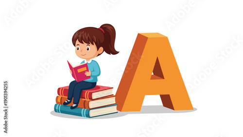 Young girl sits on a stack of colorful books and reads a story next to a large three-dimensional letter A.