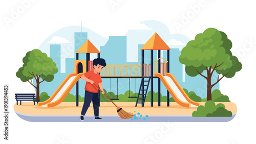 Young boy diligently sweeps the ground of a colorful neighborhood playground with slides and a city background.