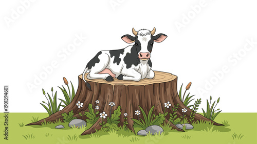 Black and white spotted cow sits comfortably on a large weathered tree stump surrounded by wild flowers.