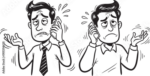 Two cartoon men looking stressed and confused while talking on their cell phones, with dripping sweat and perplexed expressions, highlighting communication problems.