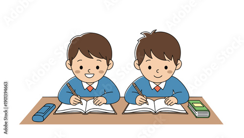 Two young schoolboys sit at a wooden desk and focus on writing in their notebooks with pencils.