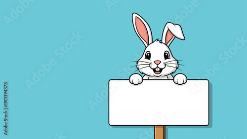 Cute white rabbit with pink ears peeps over a blank white wooden sign board against a bright blue background.