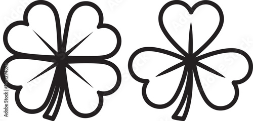 Line art vector illustration of a four-leaf clover and a three-leaf clover, symbols of luck