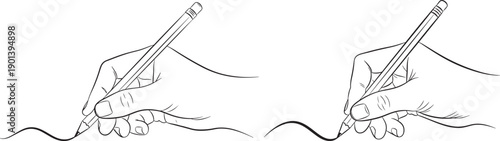 Close-up of hands drawing a wavy line with a pencil on white background, representing creativity, art, design, and the act of creation.