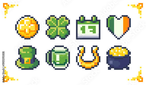 A set of pixel art St. Patrick's Day icons: clover, hat, beer, pot of gold, and horseshoe. Ideal for holiday game events, RPG inventory, and UI assets.