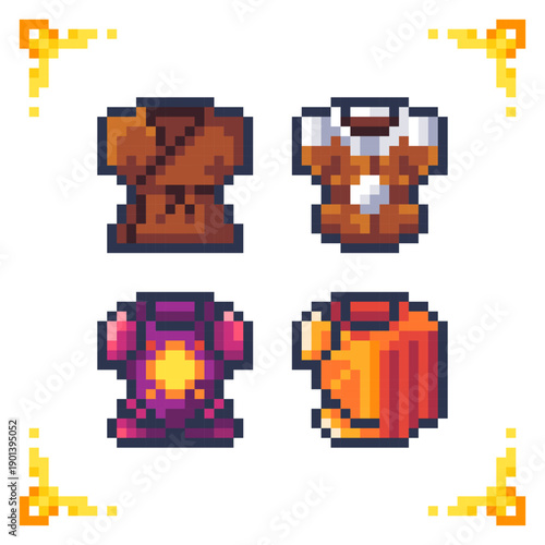 A set of pixel art icons featuring armor types: robe, leather vest, plate mail, and cloak. Ideal for 2D RPG inventory systems and equipment UI assets.