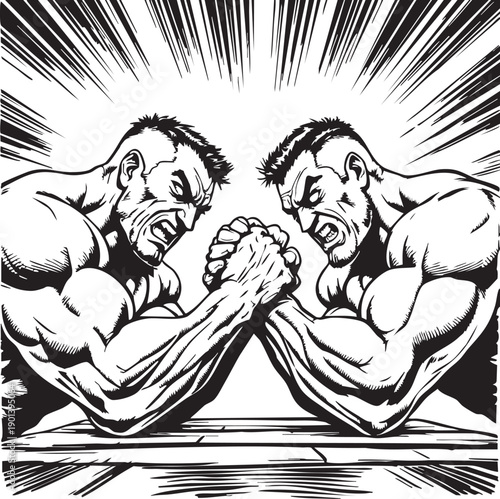 Two muscular men arm wrestling in a comic book style illustration with intense expressions and dynamic lines