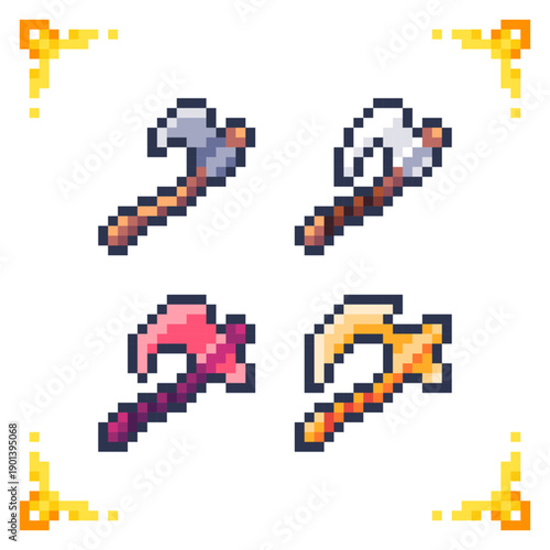 A set of pixel art battle axe icons featuring tiered weapon progression. Ideal for RPG inventory systems, combat mechanics, and equipment upgrades.